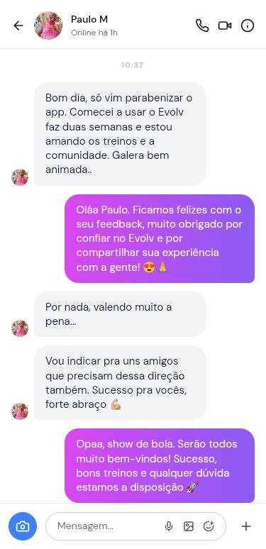 Conversa no Instagram com Paulo M elogiando o EVOLV