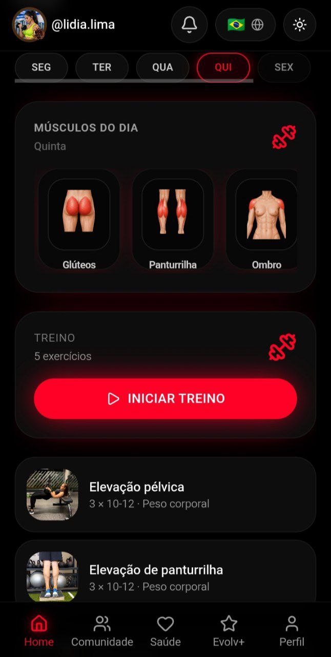 Tela inicial do EVOLV com o treino do dia e o botão Iniciar treino