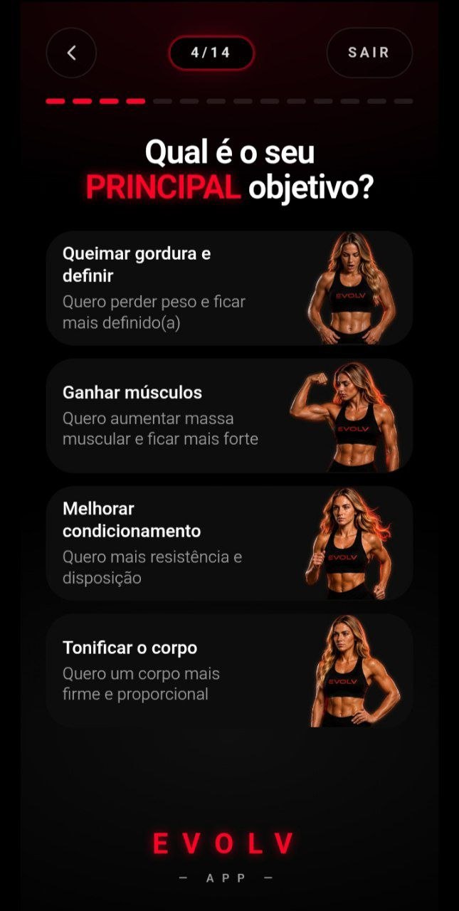 Quiz inicial do EVOLV com a pergunta sobre o principal objetivo