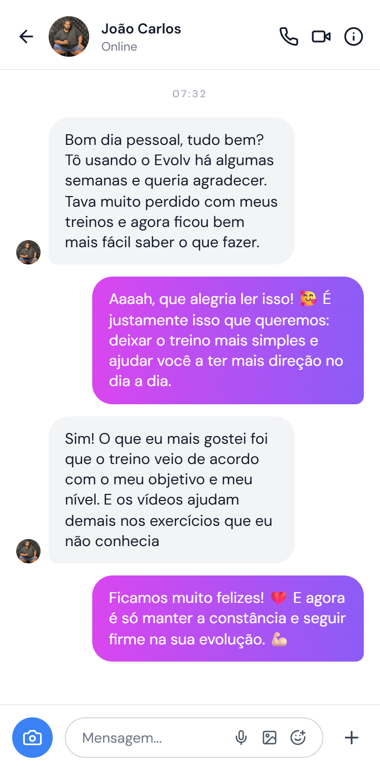 Conversa no Instagram com João Carlos elogiando o EVOLV