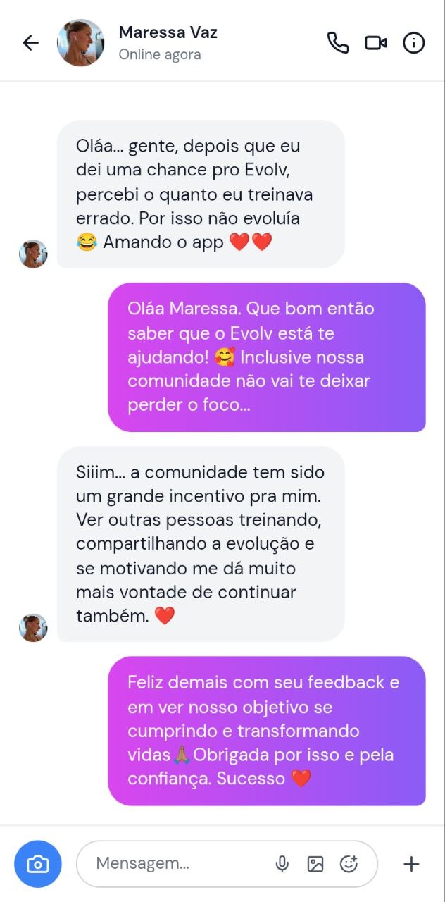 Conversa no Instagram com Maressa Vaz elogiando o EVOLV