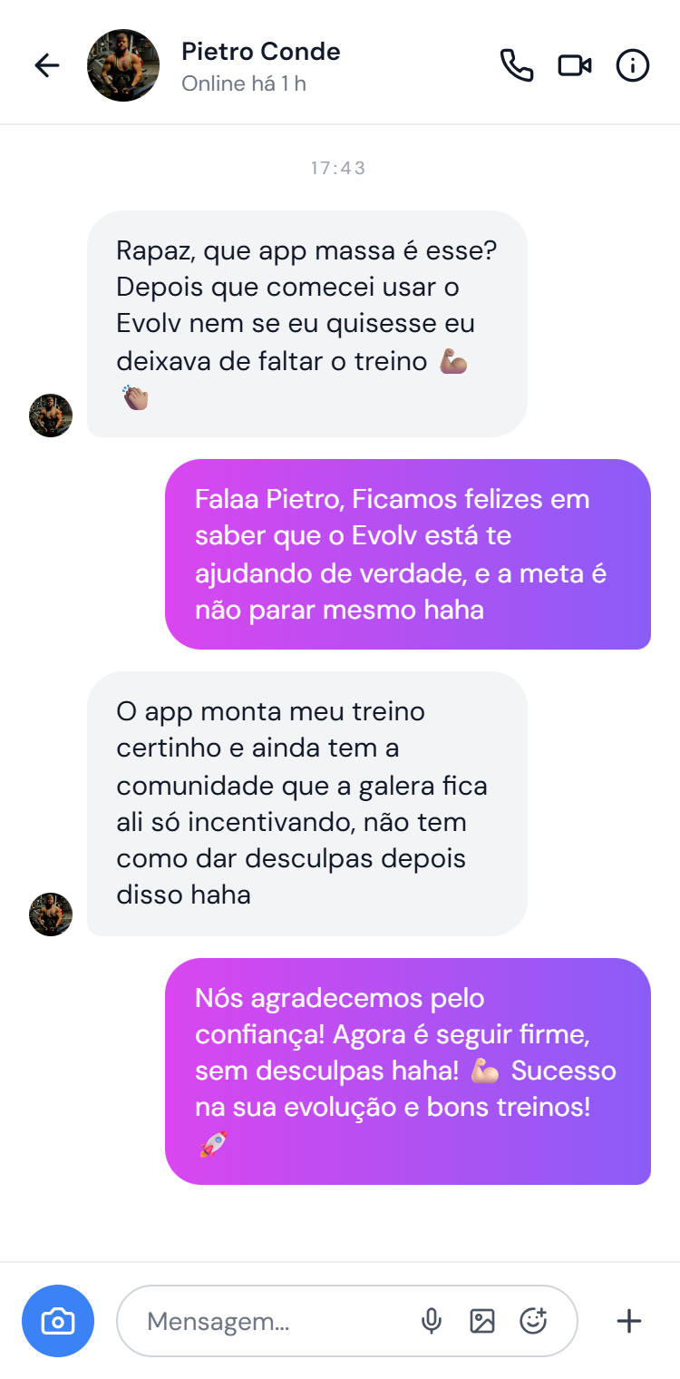 Conversa no Instagram com Pietro Conde elogiando o EVOLV